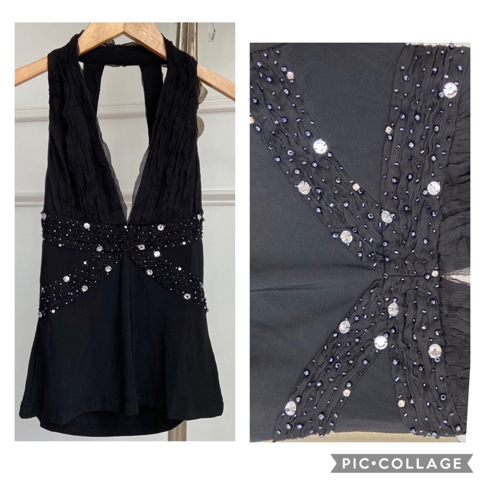 Amanda Adams Couture Beaded Black Halter Top L - Picture 7 of 11